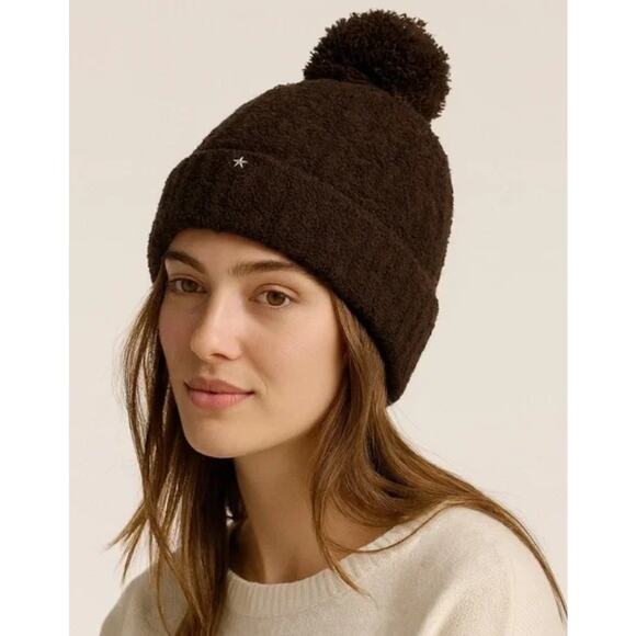 Barefoot Dreams Cozychic Cable Pom Pom Beanie in Dark Brown NWT! - Picture 1 of 5